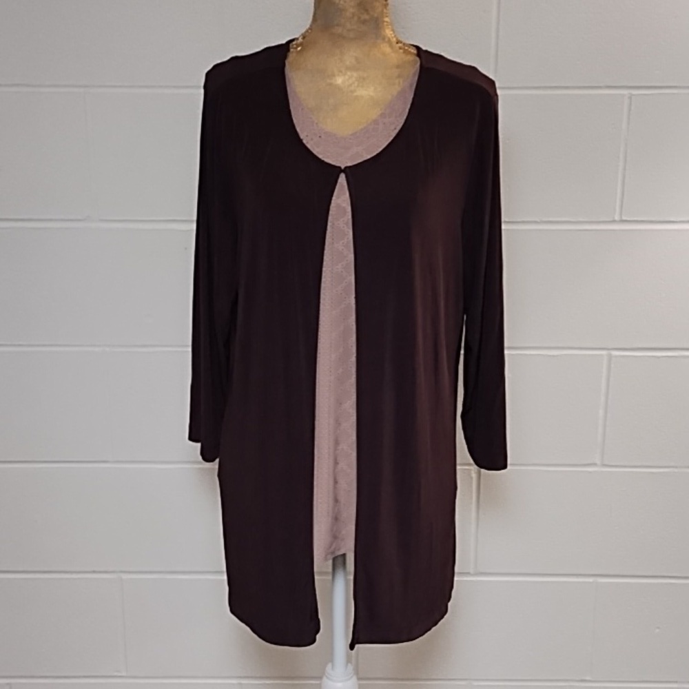 Chico's Travelers 16 Plum Burgundy Jacket Slinky Open Front 3/4 Sleeve Comfy